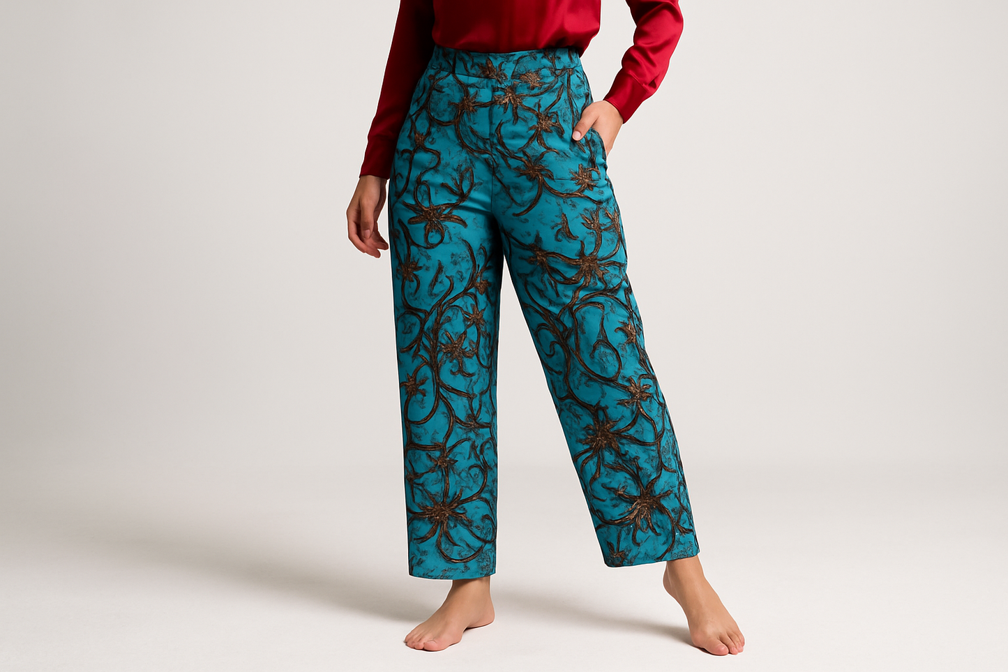Model in dynamic pose wearing teal patterned pants