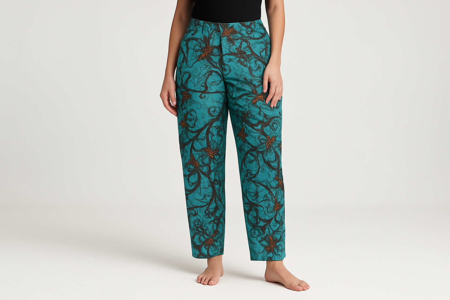 Model wearing teal patterned pants - waist down view