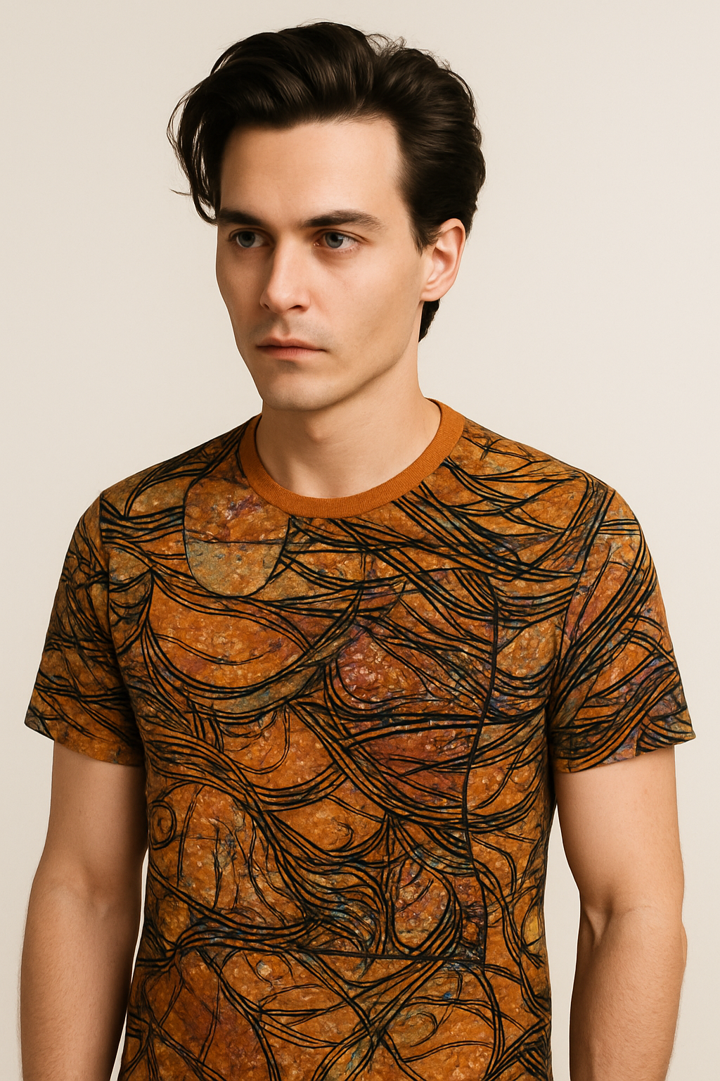 Young male model wearing artistic patterned shirt